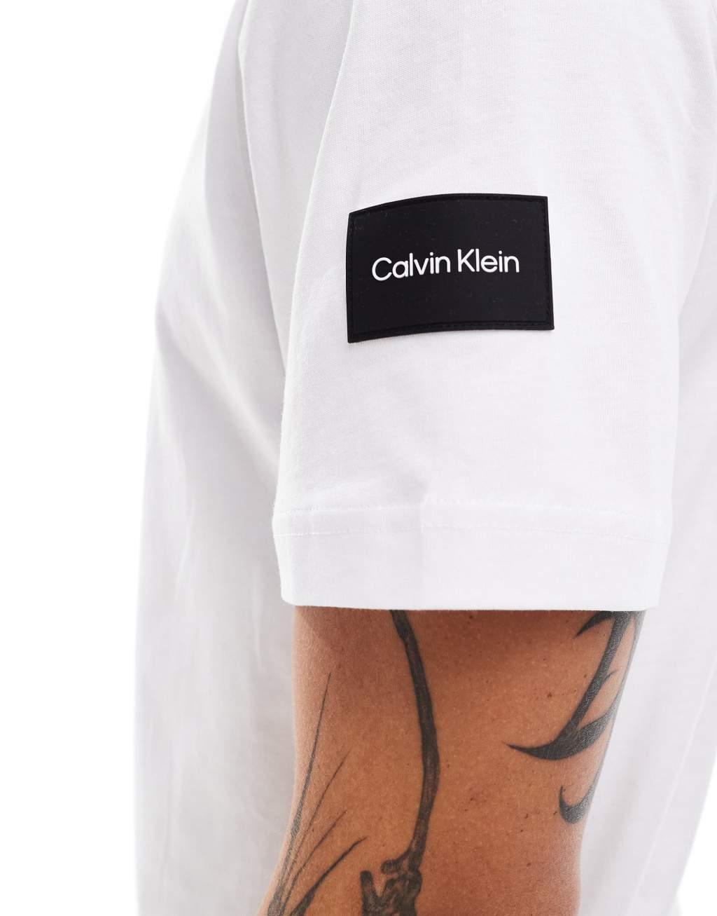 Calvin Klein logo tape collar and side patch t-shirt in white Product Image