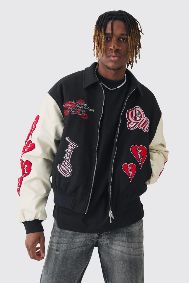 Mens Black Tall Boxy Heart Applique Varsity Bomber, Black Product Image