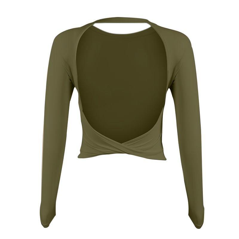 Long-Sleeve Crew Neck Plain Open Back Crop Sports T-Shirt Product Image