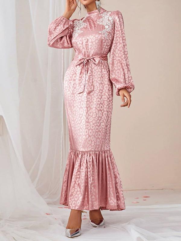 A-Line Bishop Sleeve Elasticity Leopard Split-Joint Tied Waist Mock Neck Maxi Dresses Product Image