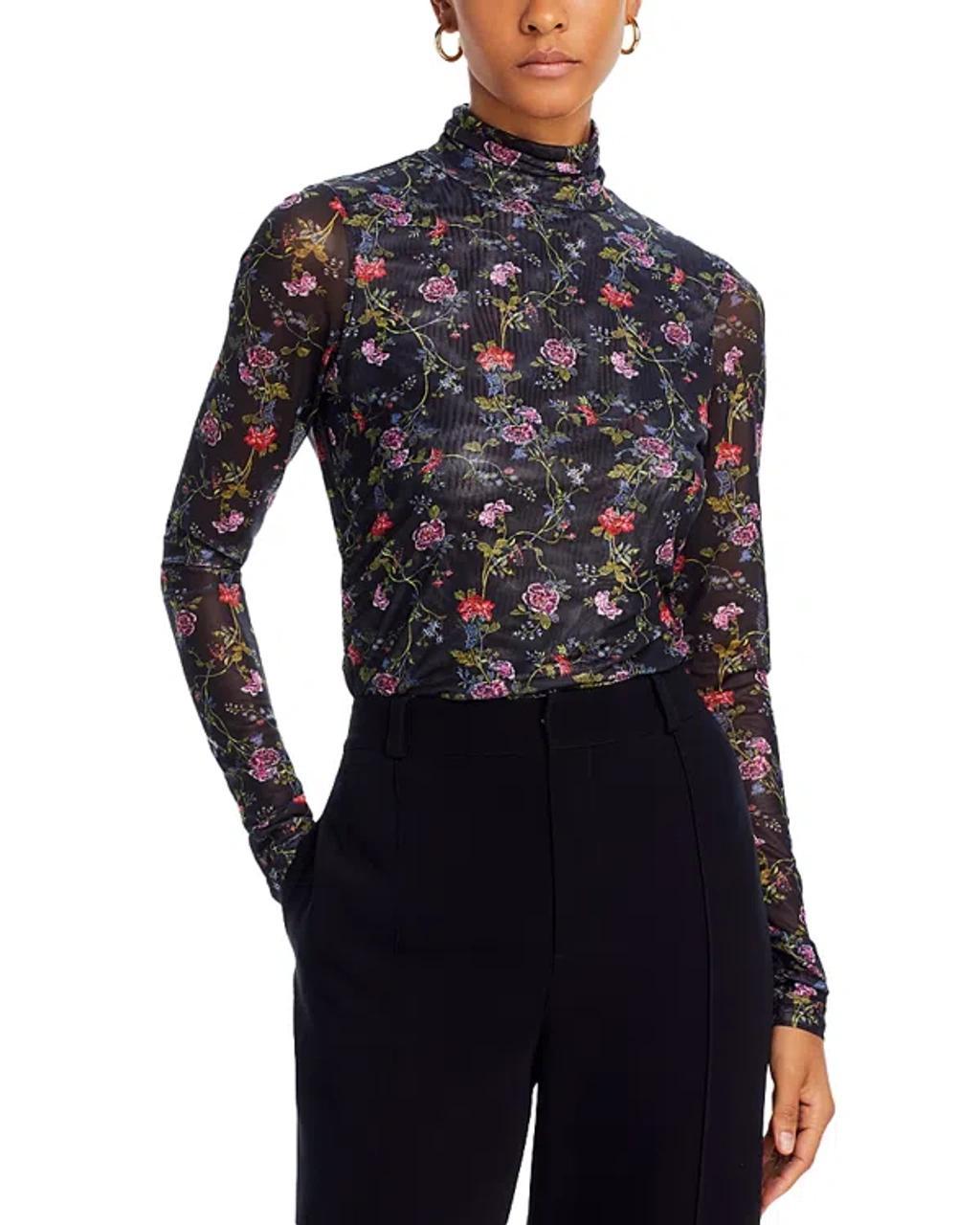 Hana Floral Shirred Mesh Turtleneck Top In Black Multi Product Image