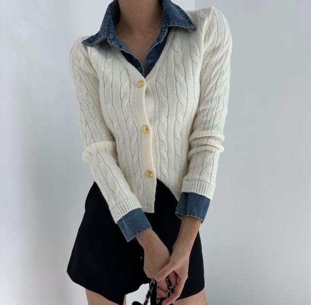 Mock Two-Piece Long-Sleeve Denim Collar Knit Shirt Product Image