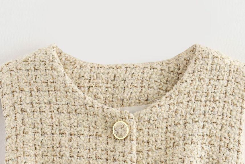 Round Neck Tweed Belted Button Vest Product Image