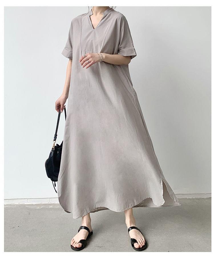 Elbow-Sleeve Stand Collar Plain Maxi Tunic Dress Product Image