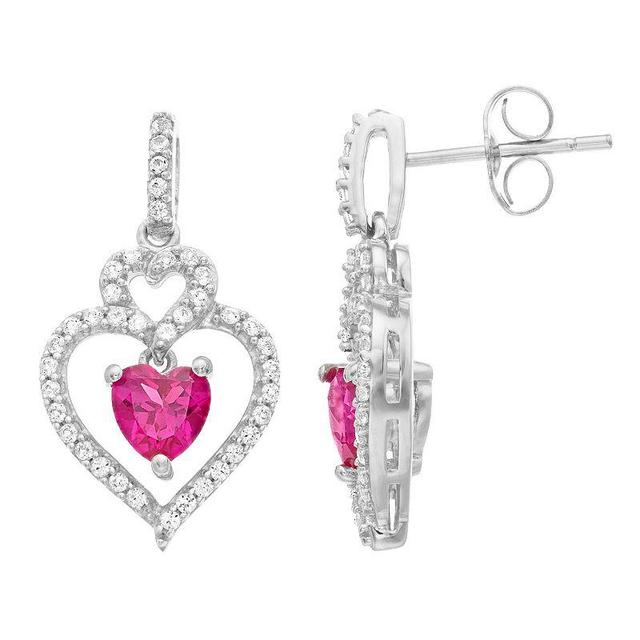 Sterling Silver Lab-Created Ruby & Lab-Created White Sapphire Heart Drop Earrings, Womens Product Image