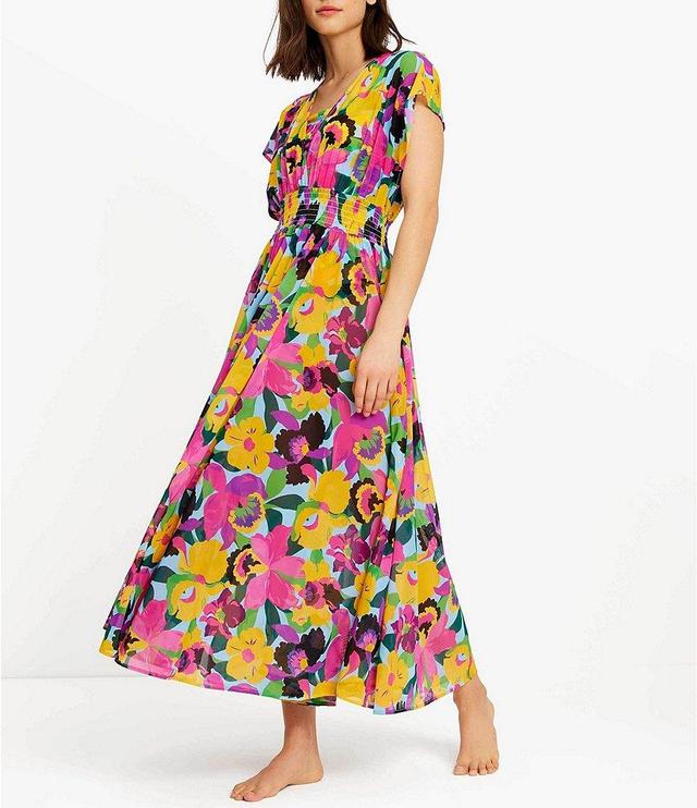 kate spade new york Mesh Orchid Floral V-Neck Open Back Maxi Dress Swim Cover-Up Product Image