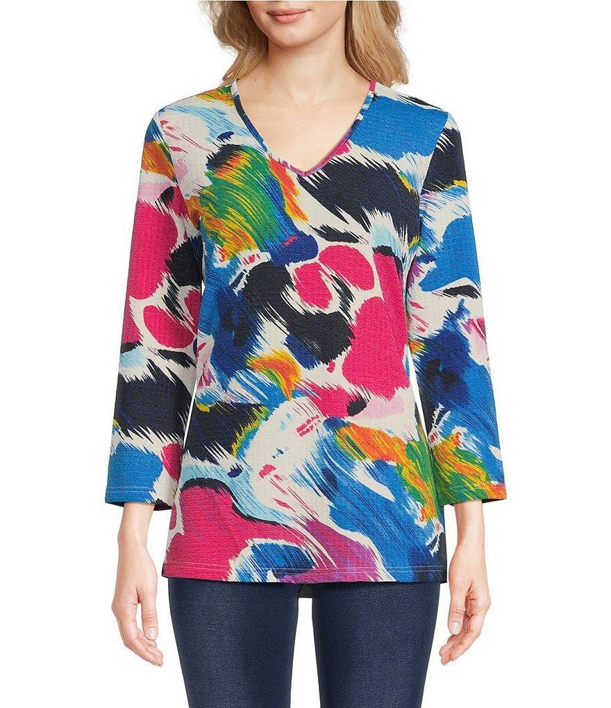 Calessa Knit V-Neck 3/4 Sleeve Printed Tunic Product Image