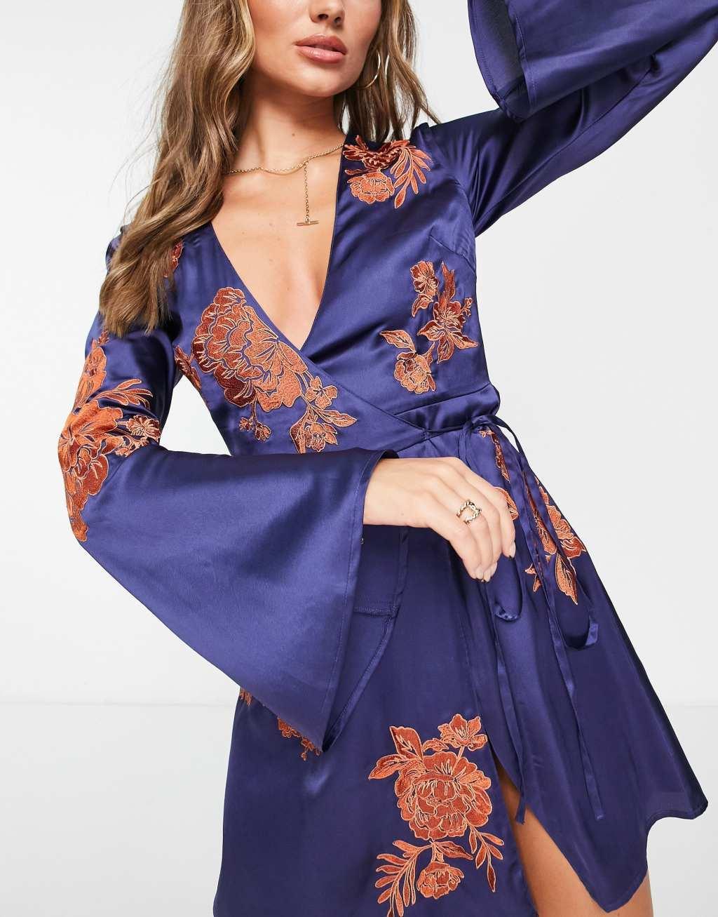 ASOS DESGIN embroidered floral mini wrap dress with flared sleeves in blue  Product Image