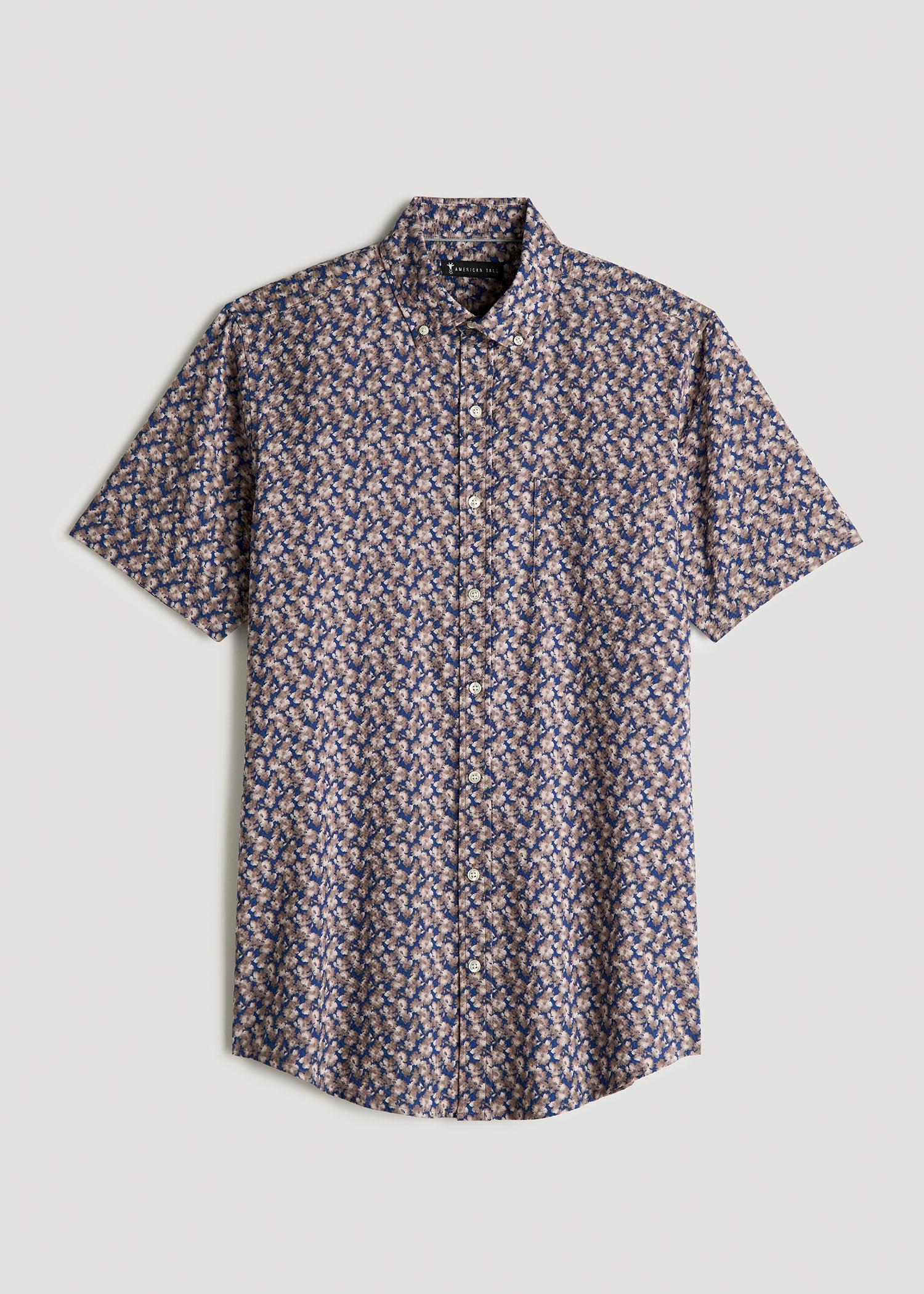 Seersucker Tall Men's Short Sleeve Shirt in Beige & Indigo Blossom Print Product Image