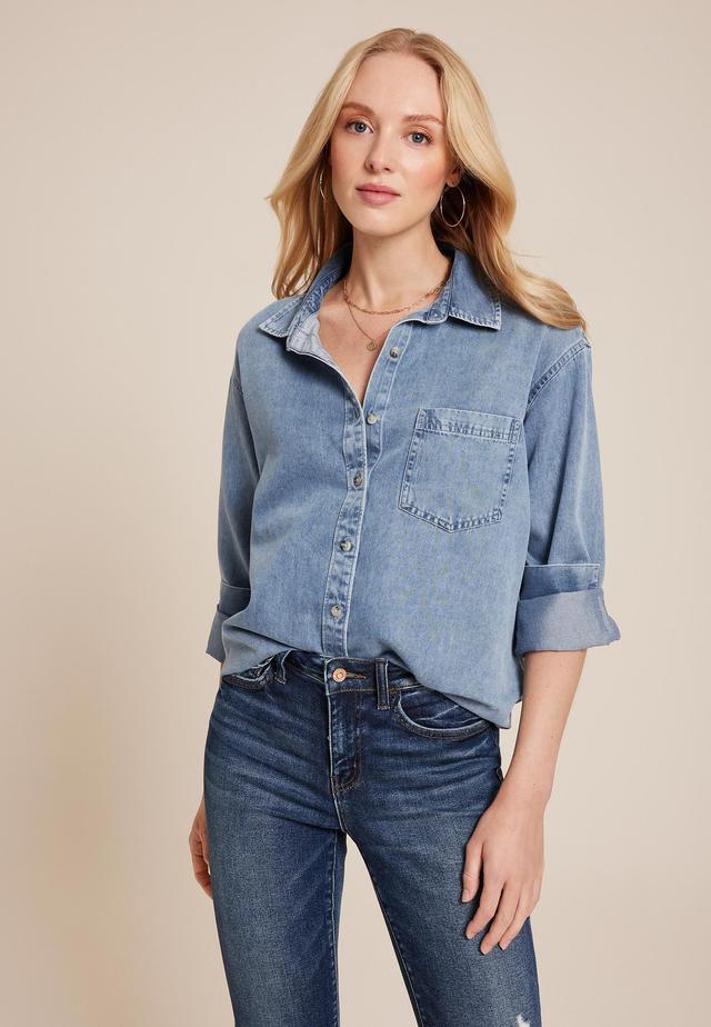 Denim Medium Wash Button Up Shirt Product Image