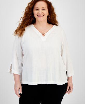 Plus Size 3/4-Sleeve Linen-Blend Top, Created for Macy's Product Image