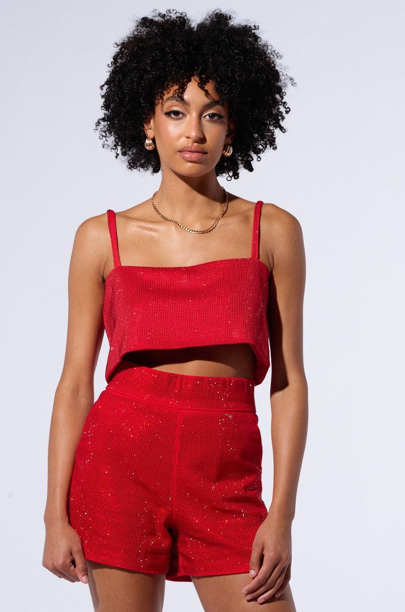 POP STAR HOT FIX RHINESTONE CROP TOP IN RED Product Image