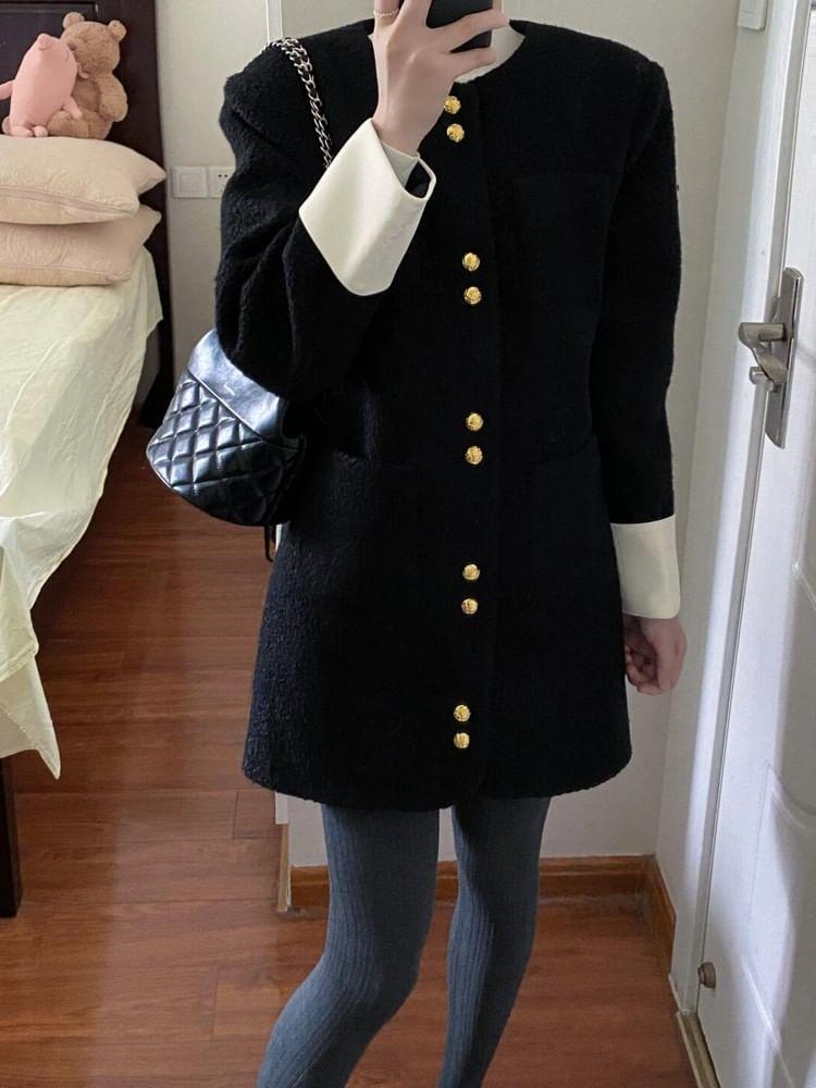 Round Neck Two Tone Panel Button Coat Product Image