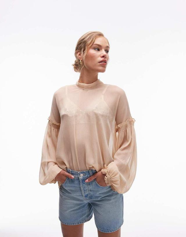 Topshop sheer bow neck top in blush Product Image