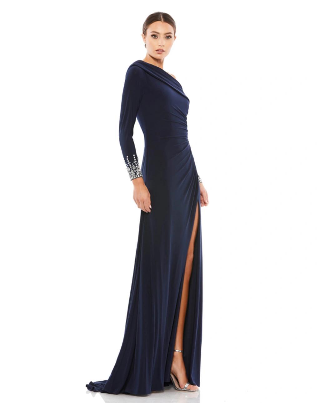 Womens One-Shoulder Jersey Ruched Side Slit Gown Product Image