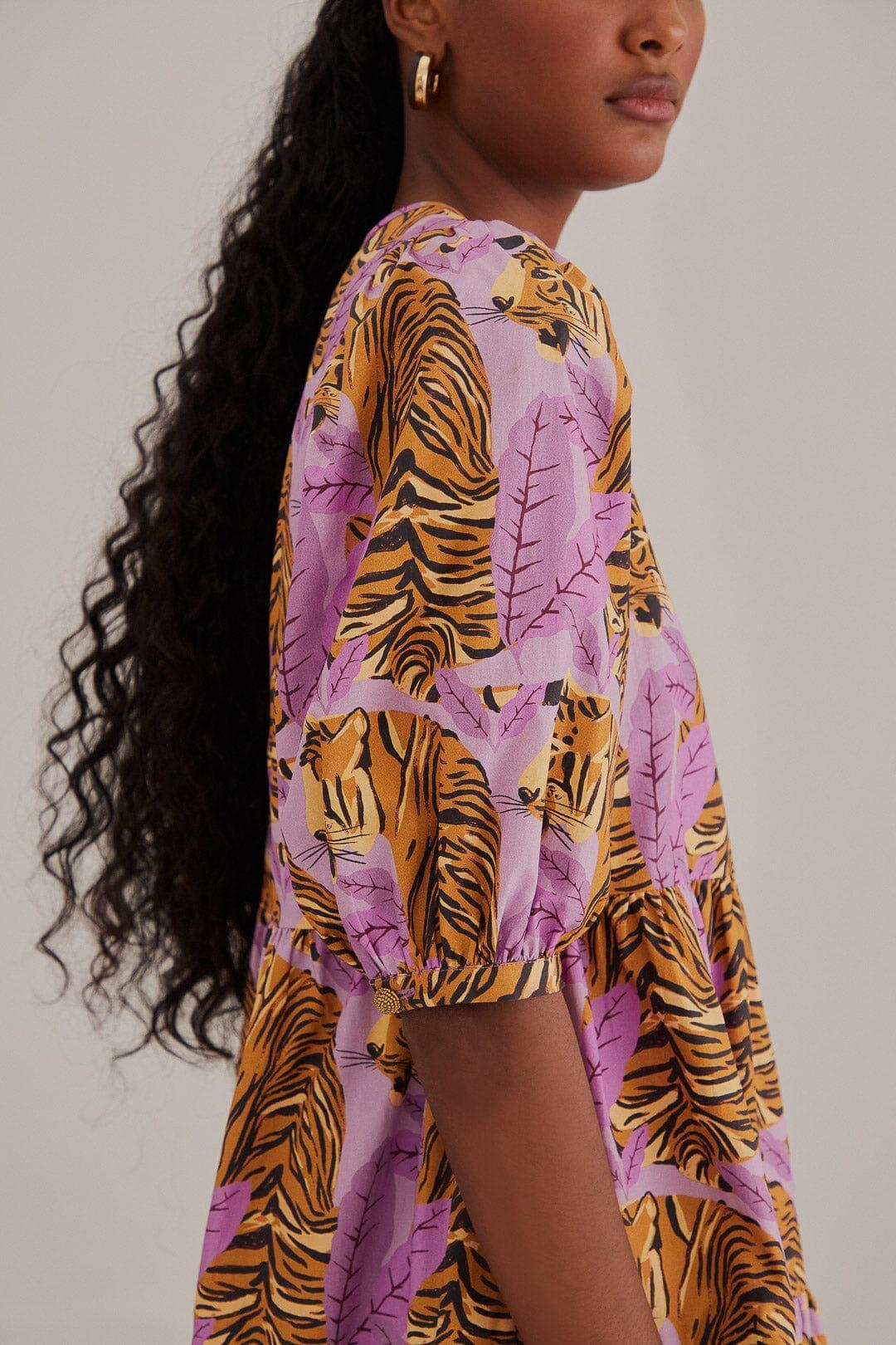 Lavender Tiger Leaves Puff Sleeve Mini Dress Product Image