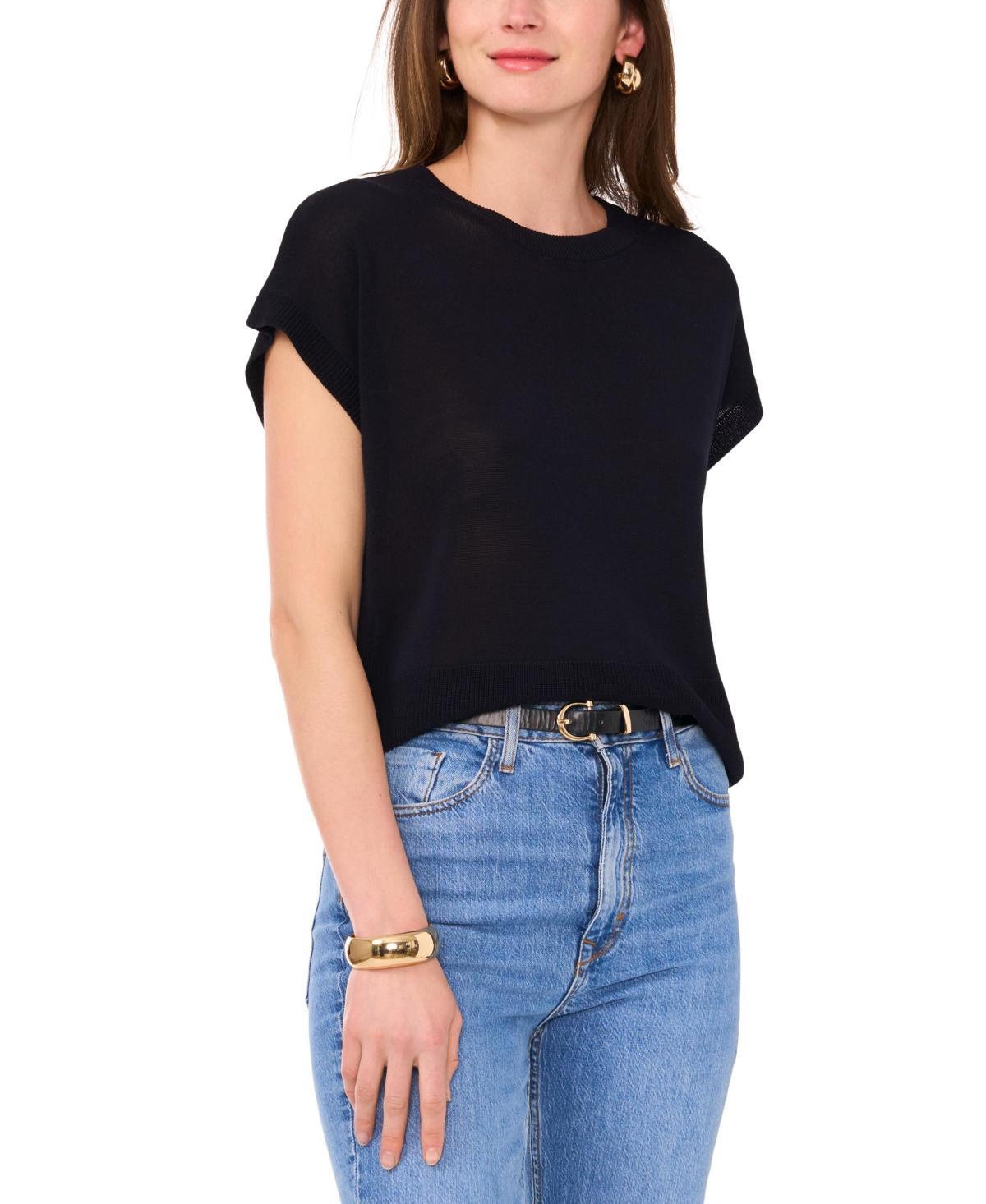 Vince Camuto Crew Neck Dropped Shoulder Short Sleeve Ribbed Trim Knit Sweater Product Image