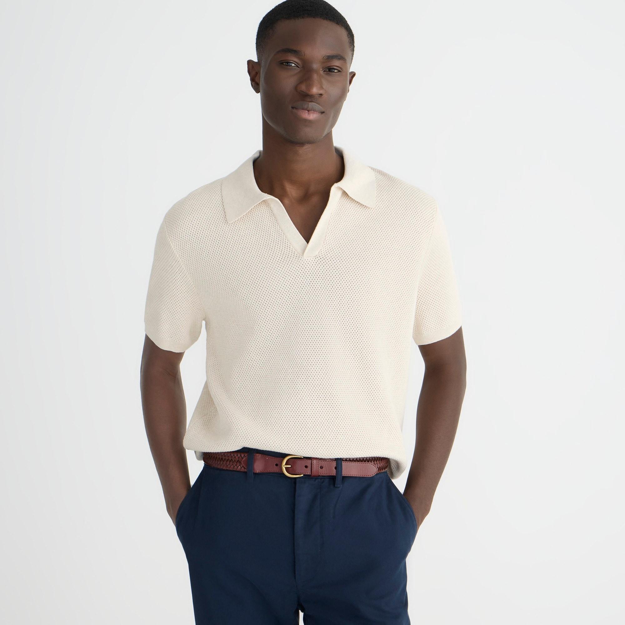 Short-sleeve cotton mesh-stitch johnny-collar sweater-polo Product Image