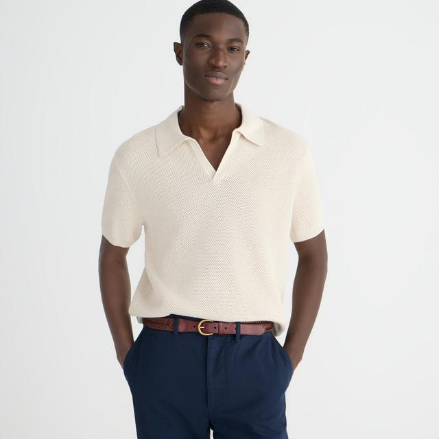 Short-sleeve cotton mesh-stitch johnny-collar sweater-polo Product Image