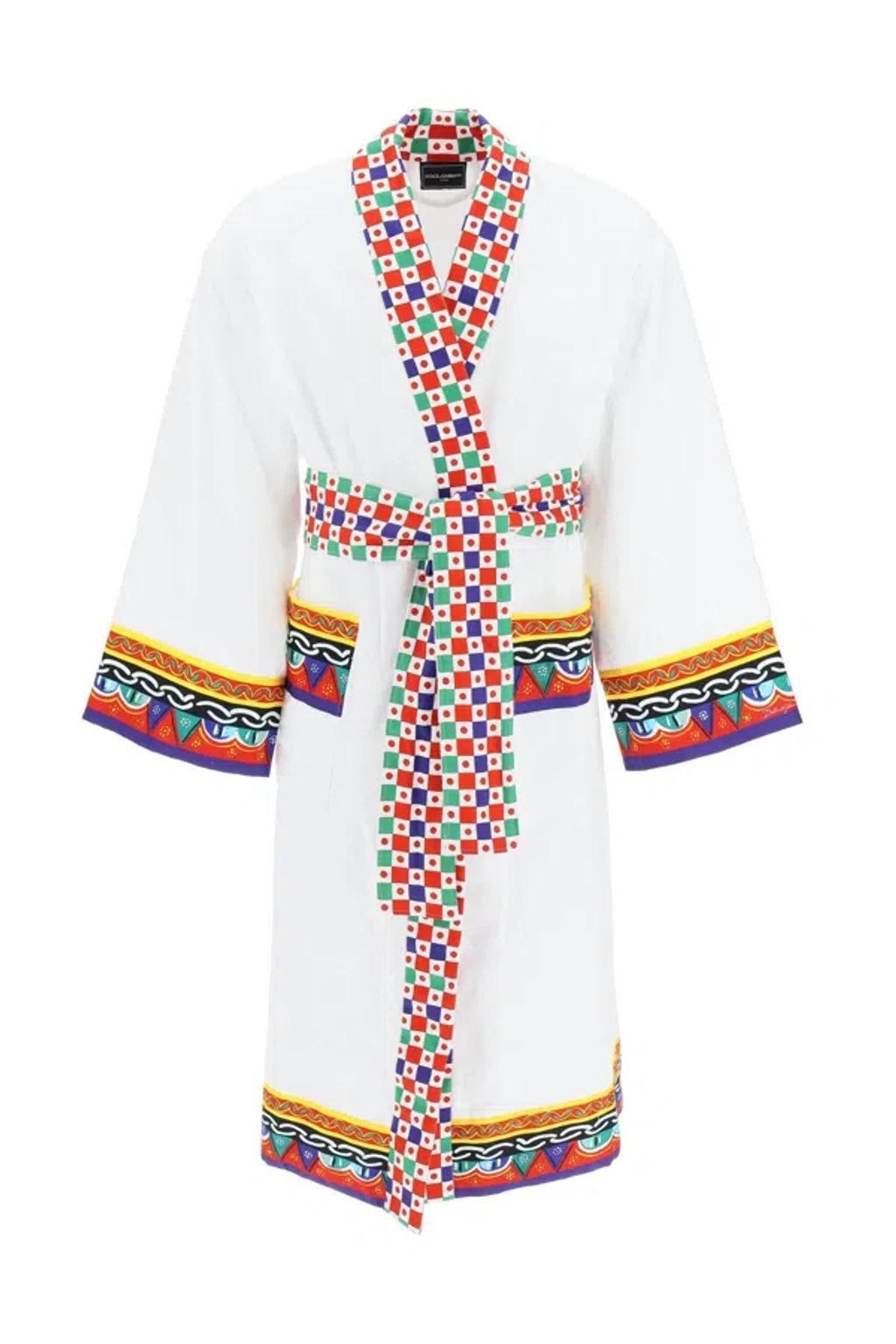 DOLCE & GABBANA Carretto Siciliano Printed Trim Bathrobe In Multicolor Product Image