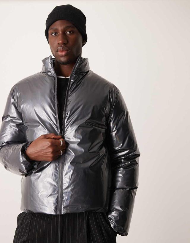 ASOS DESIGN metallic puffer jacket in gray Product Image