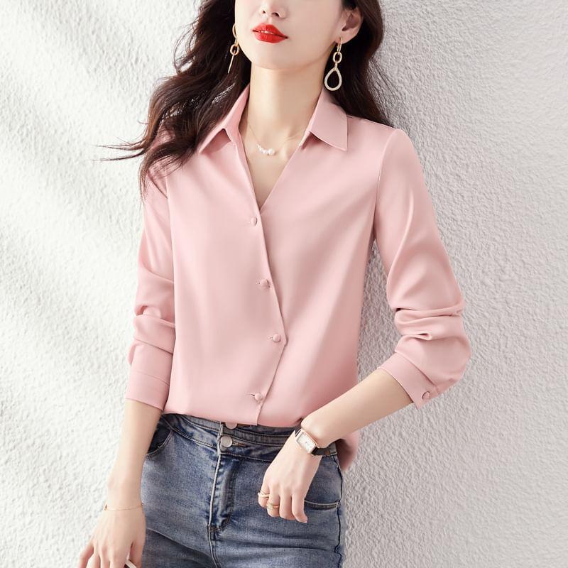 Long Sleeve Collared Plain Asymmetrical Button Shirt Product Image