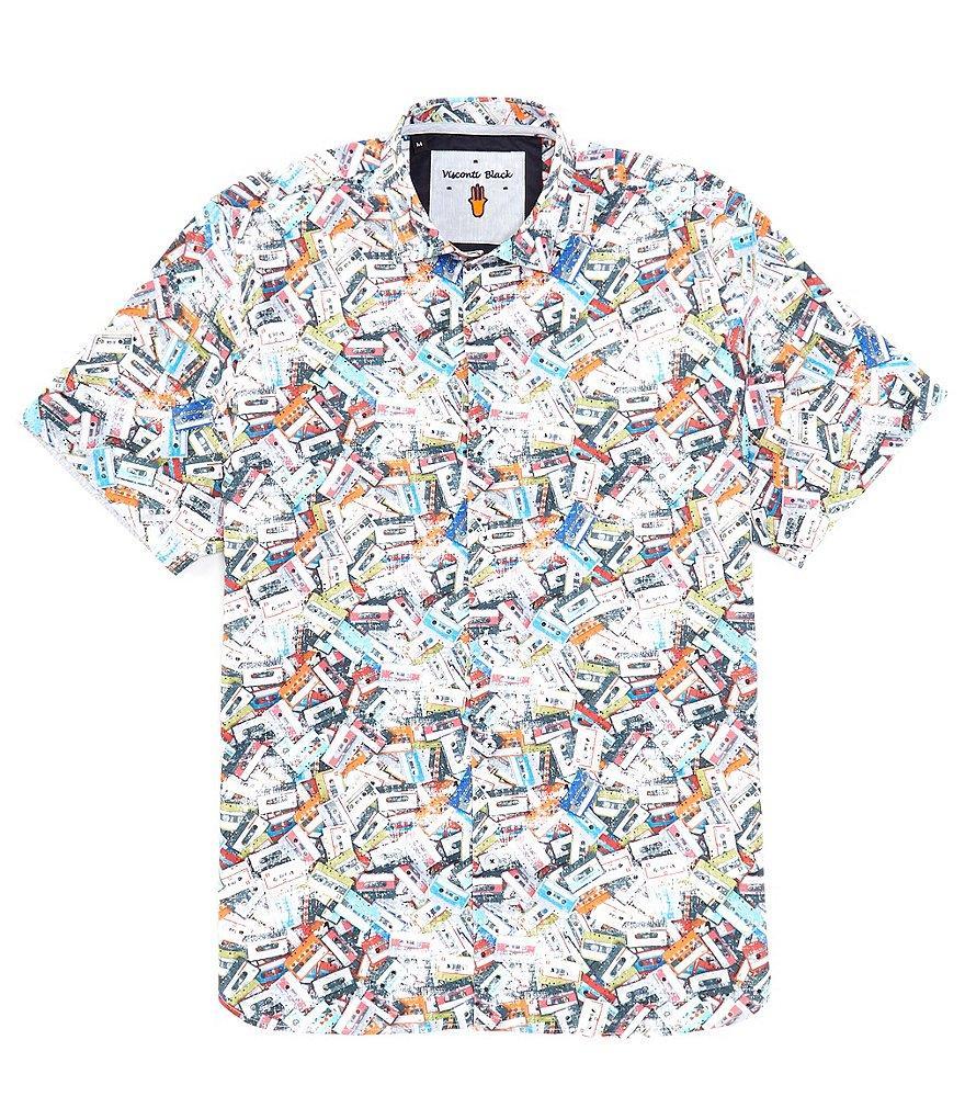 Visconti Stretch Cassette Tape Print Short Sleeve Woven Shirt Product Image