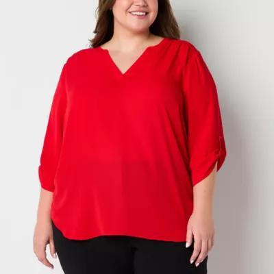 Worthington Plus Womens V Neck 3/4 Sleeve Blouse Product Image