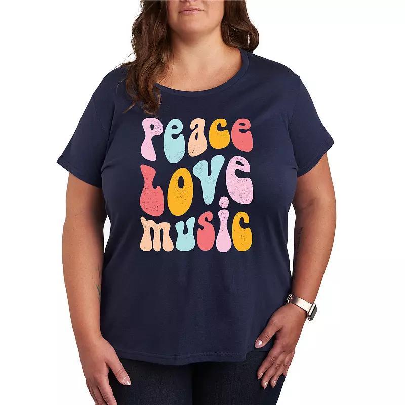 Plus Peace Love Music Distressed Graphic Tee, Womens Grey Royal Blue Product Image