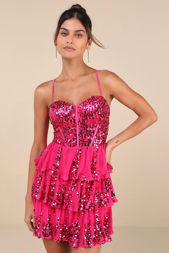 Spectacular Party Magenta Sequin Tiered Lace-Up Mini Dress Product Image