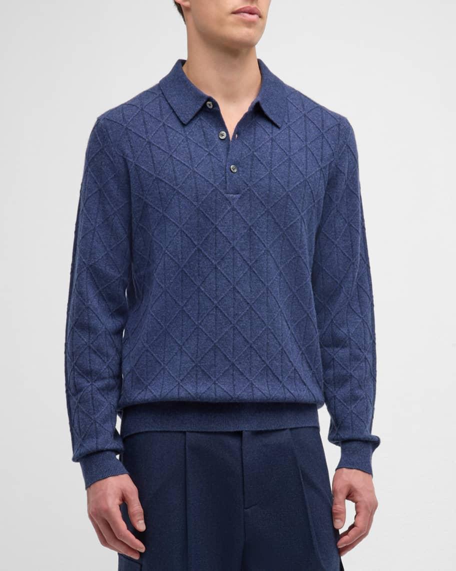 Men's Cashmere Ribbed Diamond Stitch Overlay Polo  Product Image