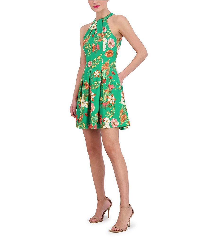 Vince Camuto Scuba Knit Floral Print Halter Neck Sleeveless Pocketed Fit and Flare Mini Dress Product Image