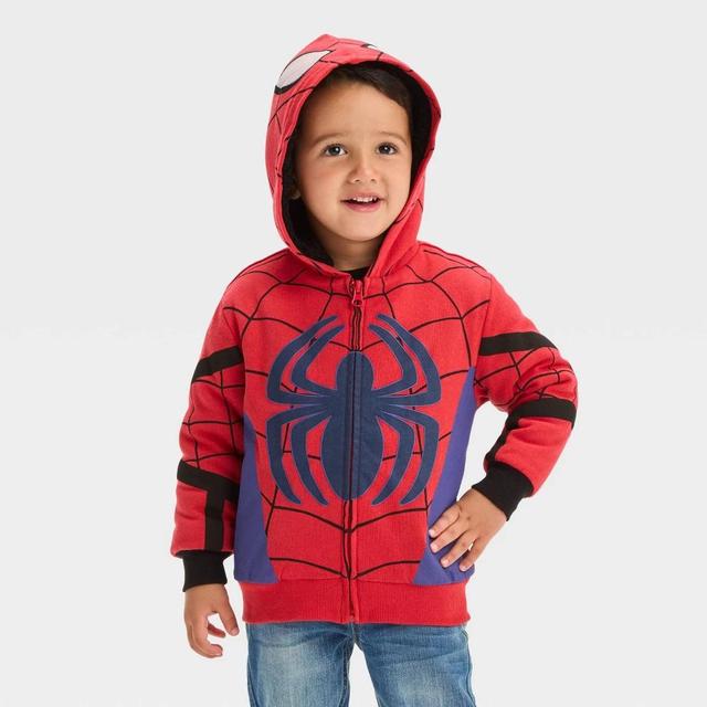 Toddler Boys Marvel Spider-Man Halloween Faux Shearling Hood Cosplay Fleece Zip-Up Sweatshirt - Red Product Image