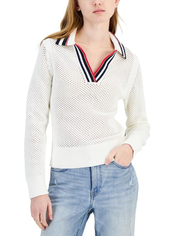 Women's Cotton Collared V-Neck Mesh Sweater  Product Image