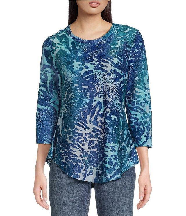 Calessa Petite Size Tie-Dye Burnout Jacquard Abstract Paisley Print Crew Neck 3/4 Sleeve Tunic Product Image