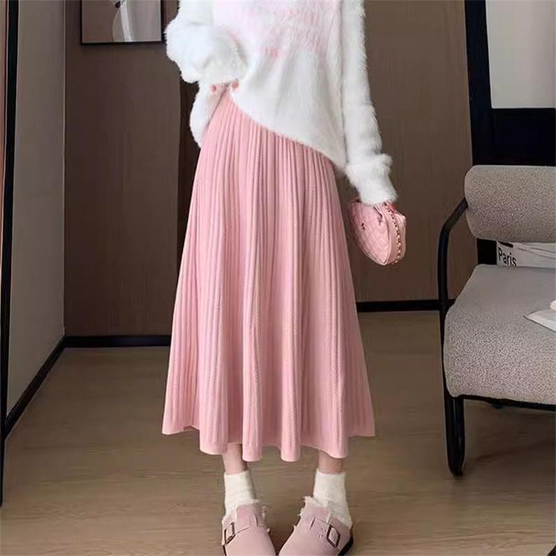 High Waist Plain Ribbed Knit Midi A-Line Skirt Product Image