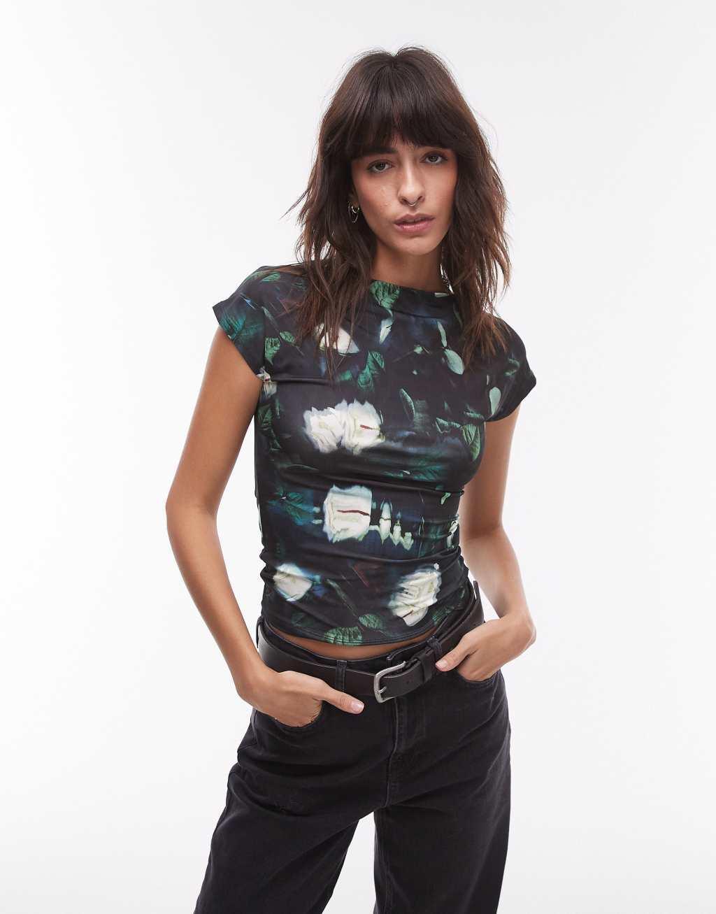 Topshop microfiber abstract smudge floral cap sleeve Product Image