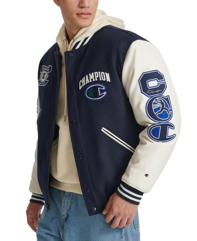 Champion Mens Logo-Patch Mixed-Media Varsity Jacket - Navy Product Image