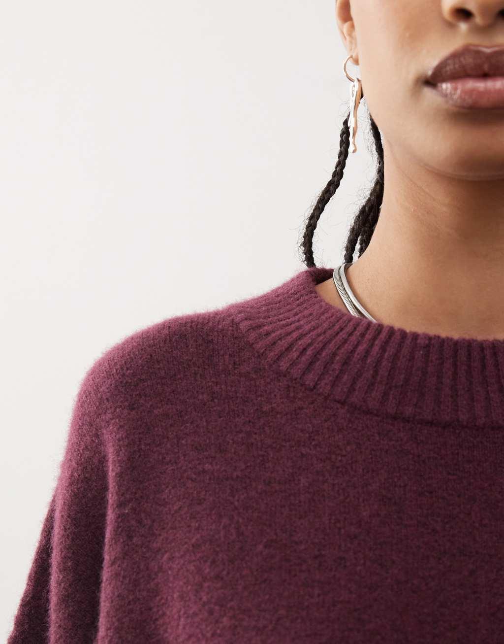 Monki long sleeve knit midi dress in burgundy Product Image