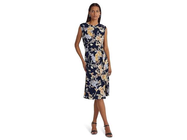 LAUREN Ralph Lauren Floral Belted Bubble Crepe Dress (Navy Multi) Women's Dress Product Image