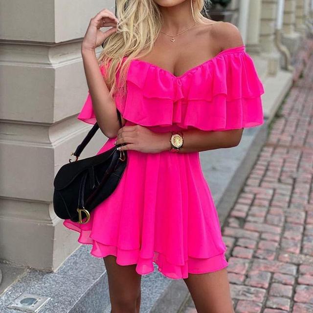 Off Shoulder Ruffle Plain Mini A-Line Dress Product Image