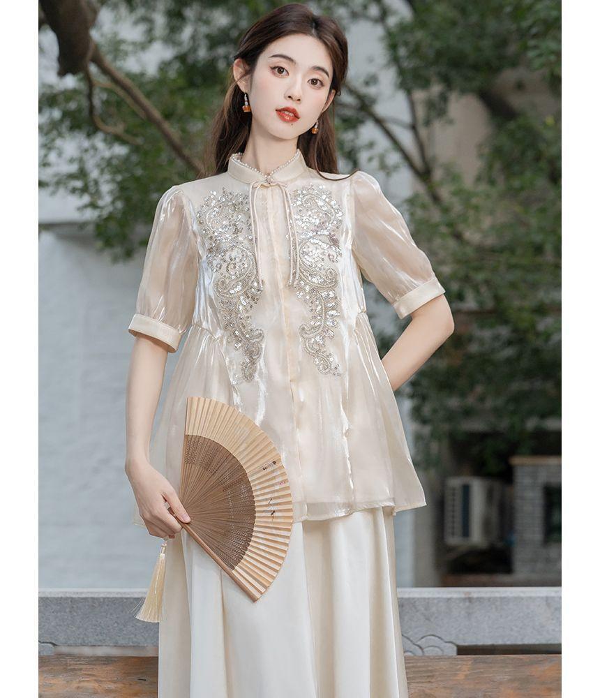 Set: Short-Sleeve Mandarin Collar Sequin Blouse + High Rise Plain Midi A-Line Skirt Product Image