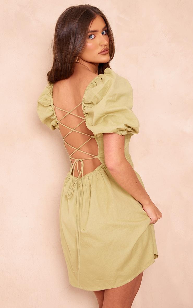 Sage Green Linen Look Lace Up Back Bodycon Dress Product Image