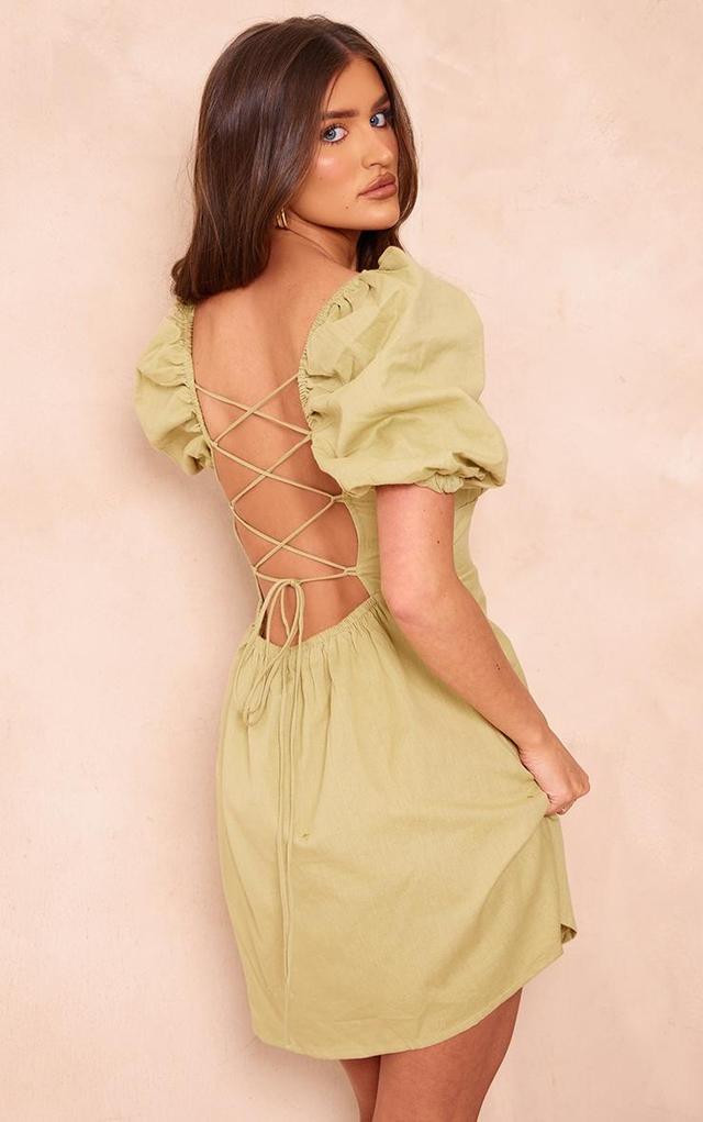 Sage Green Linen Look Lace Up Back Bodycon Dress Product Image