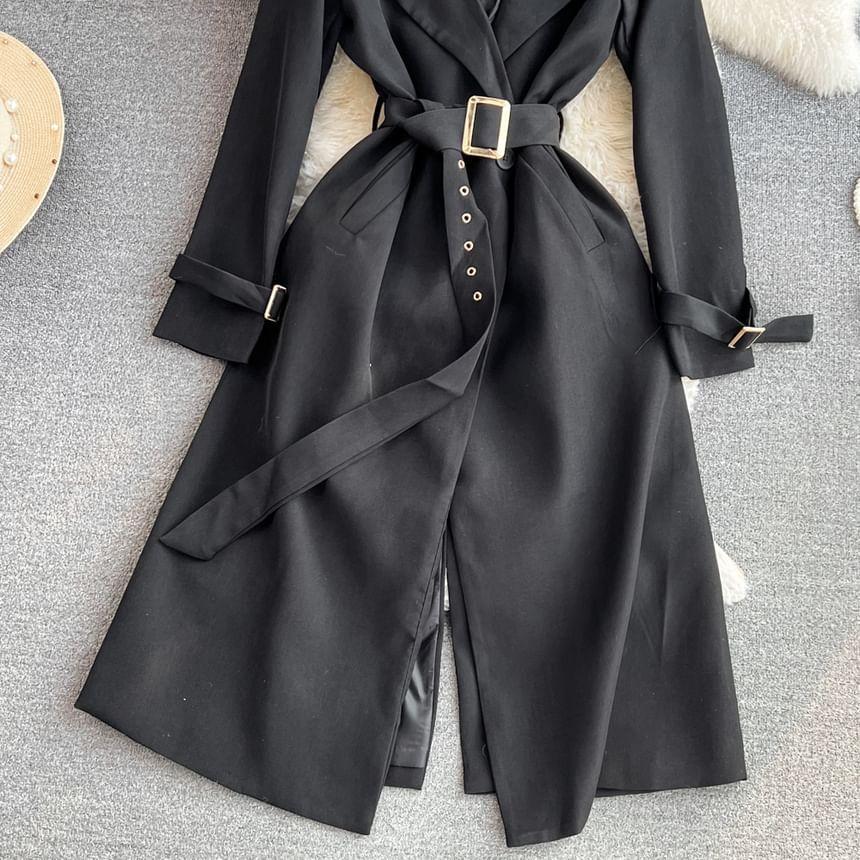 Plain Tie Waist Midi Trench Coat Product Image