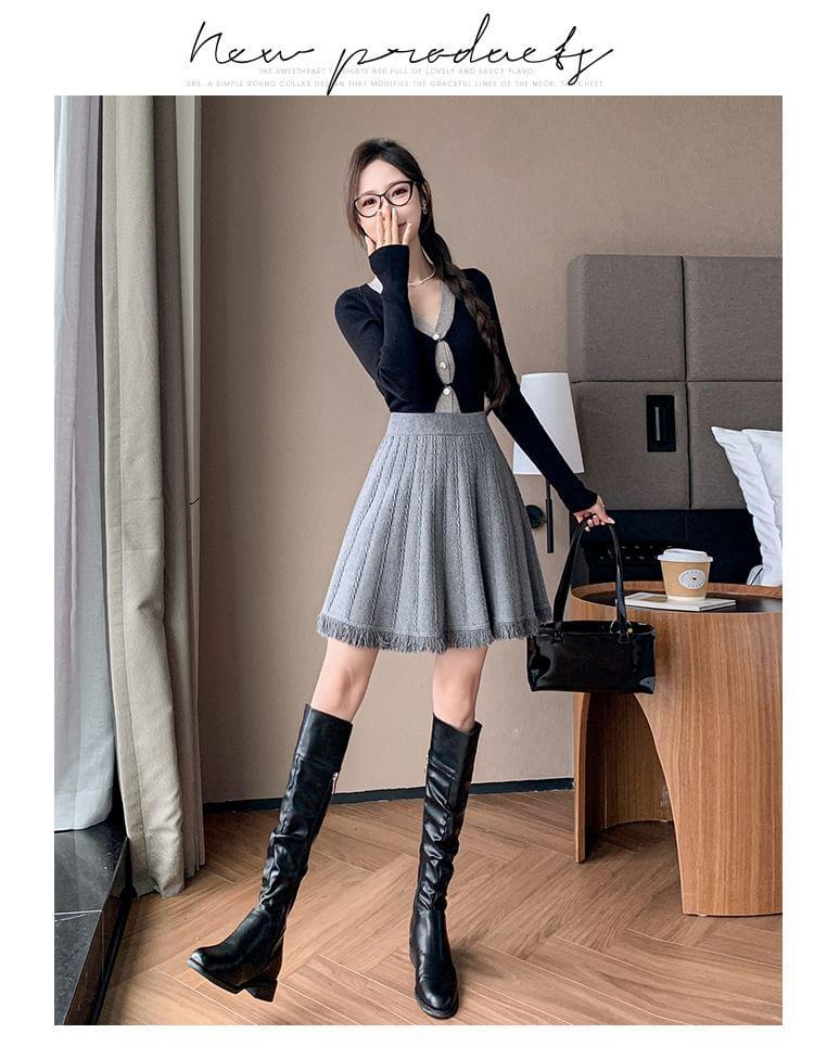 High Rise Plain Cable Knit Mini A-Line Skirt Product Image