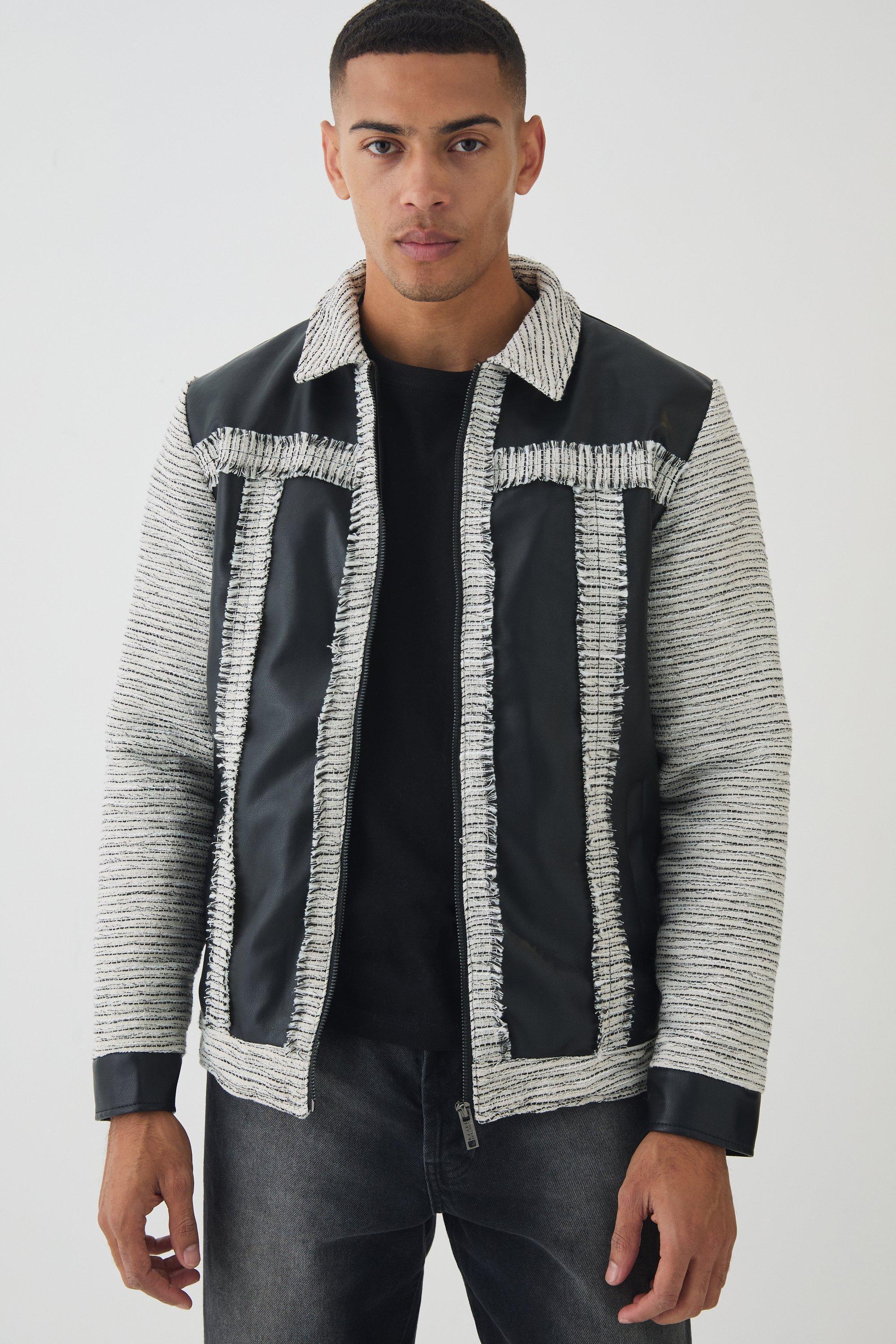 Tweed And PU Panel Harrington Jacket In Black | boohooMAN USA Product Image