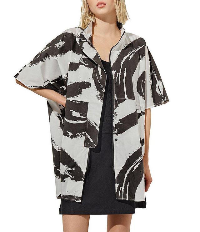 Ming Wang Cotton Blend Woven Abstract Print Mock Neck Short Dolman Sleeve Poncho Jacket Product Image