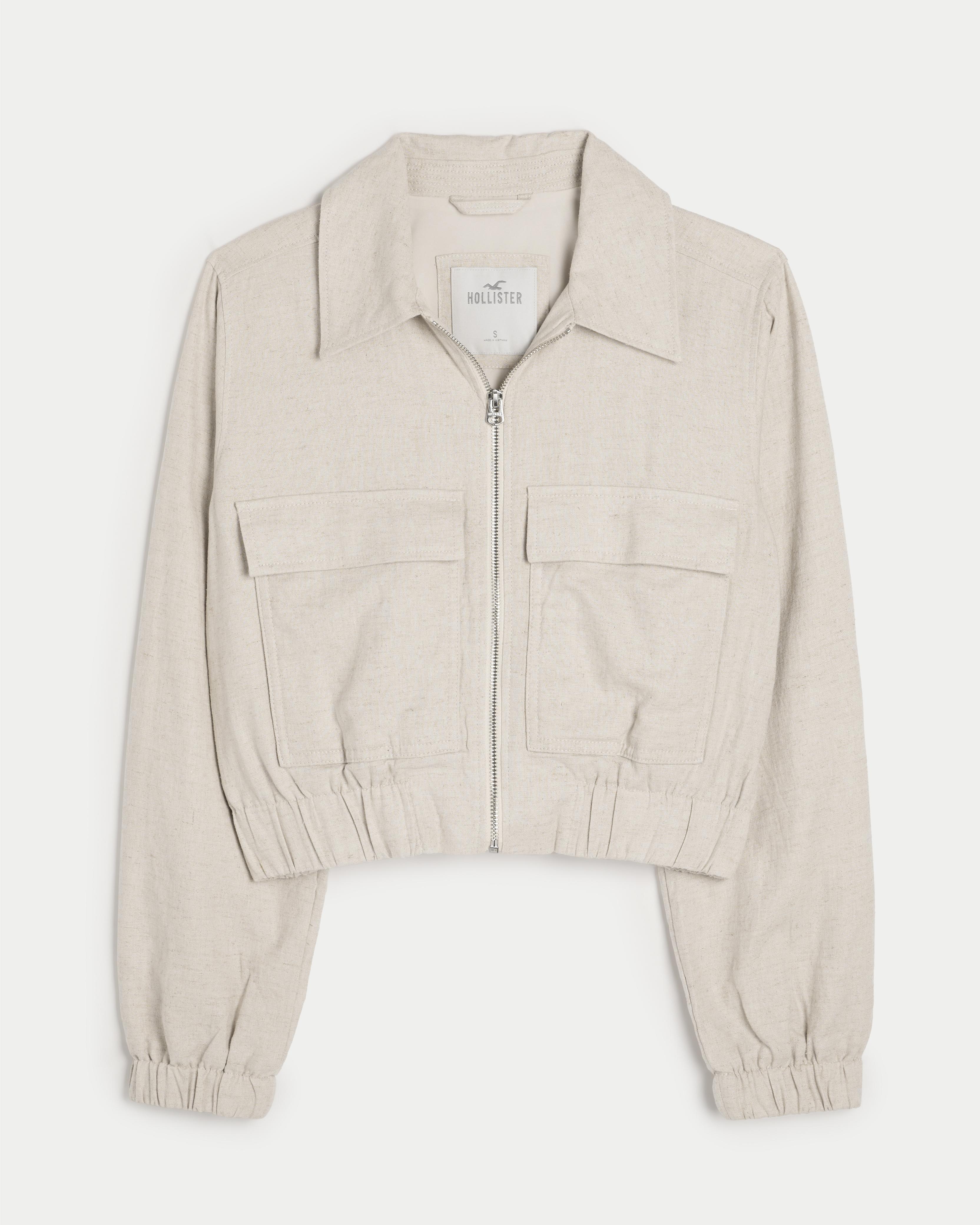 Crop Linen-Blend Bomber Jacket Product Image