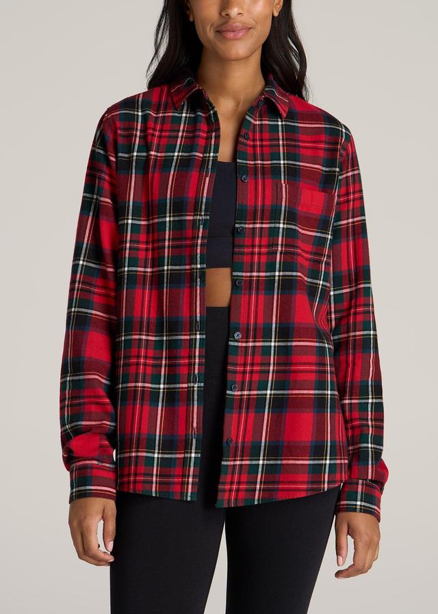 Flannel Button-Up Shirt for Tall Women in Red and Green Tartan Female Product Image